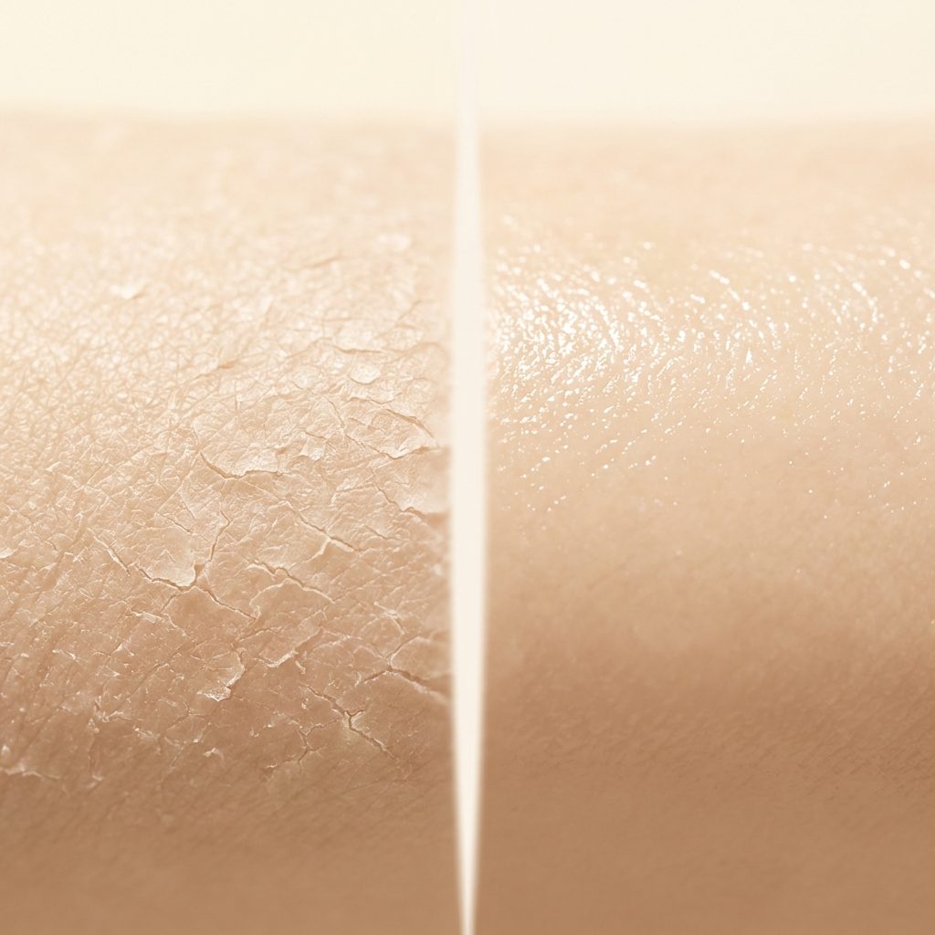 Before and after: skin barrier dry and cracked versus plump and reinforced