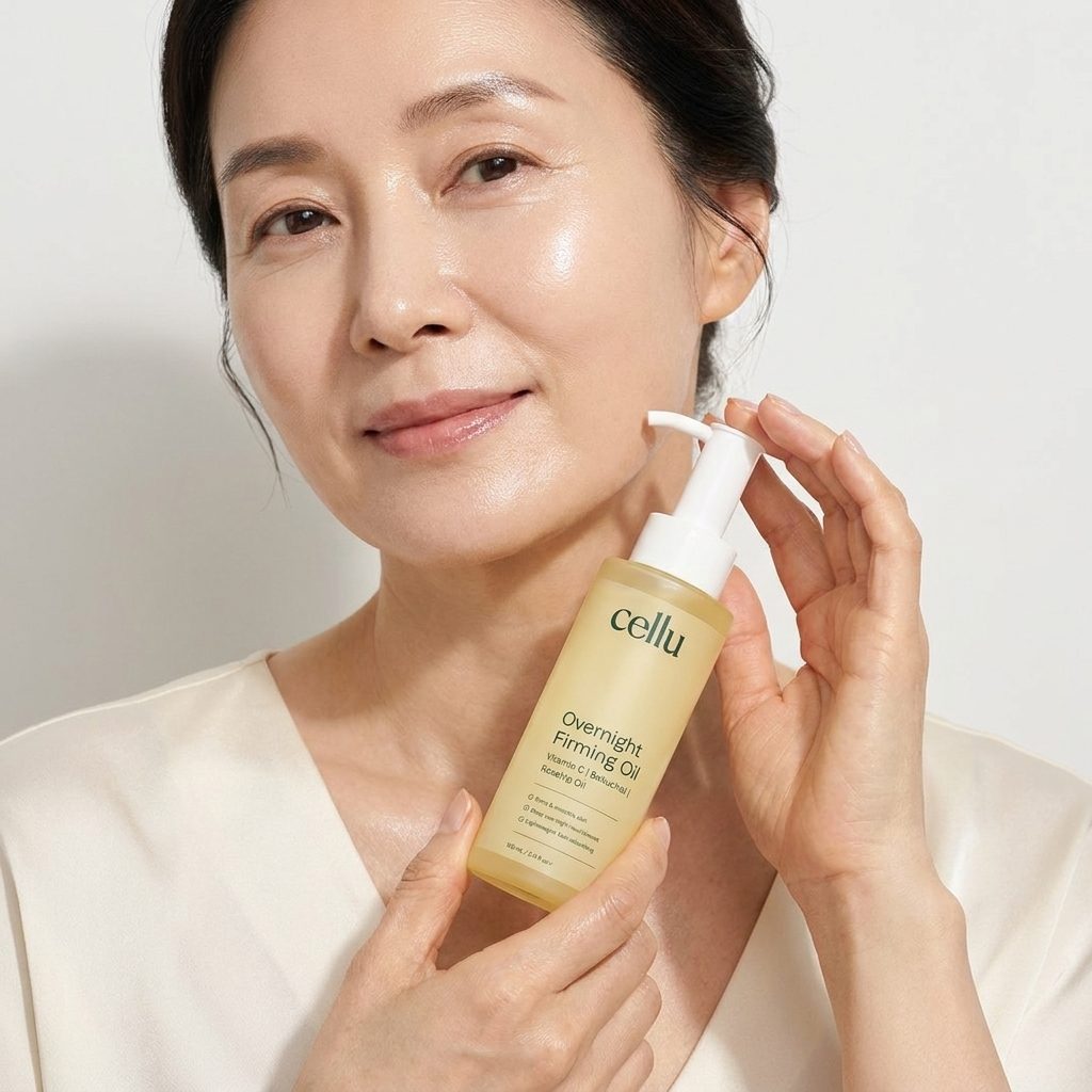 Korean woman with glowing skin holding the Cellu Overnight Firming Oil