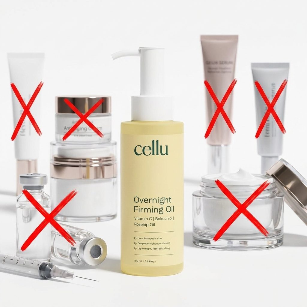 Cellu bottle beside crossed-out Botox vials and expensive creams