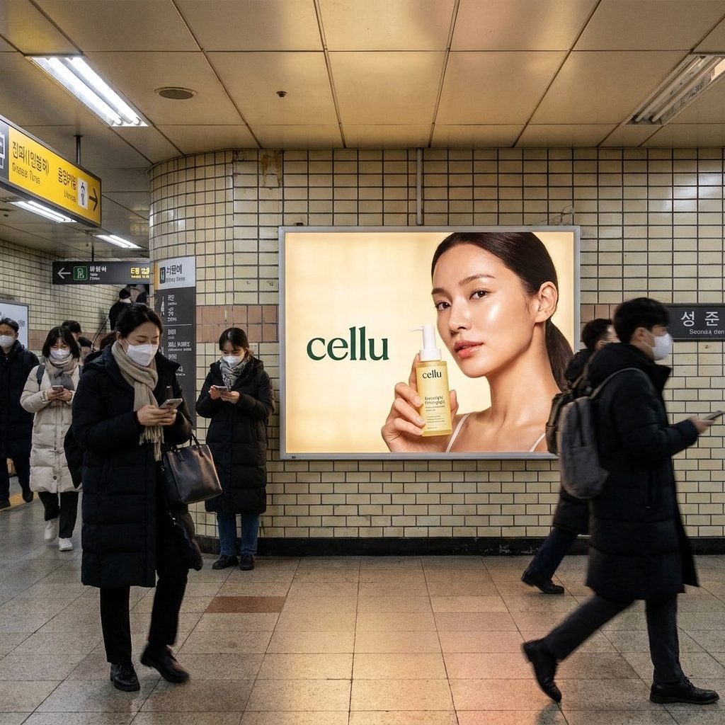 Cellu billboard in a busy Seoul subway station